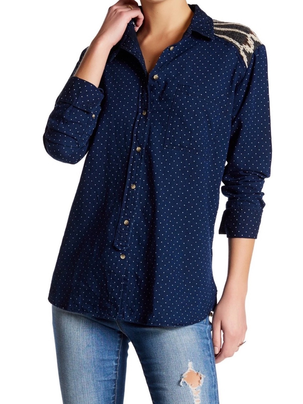 Free People Sage Button Wool Blend Polka Dot Shirt in Navy Blue Size Medium